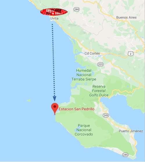 Mapa. Como llegar a la estación San Pedrillo, Corcovado, desde Uvita
