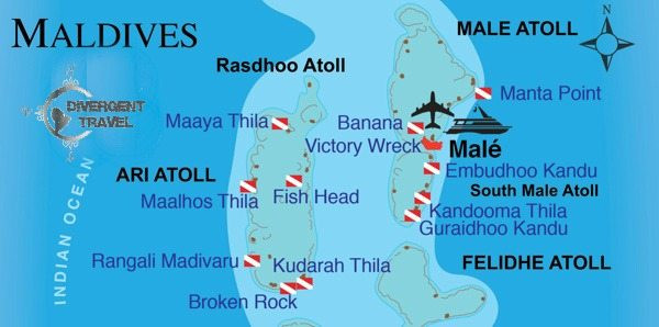 Best scuba diving  Maldives map. Guide to scuba dive in the maldives