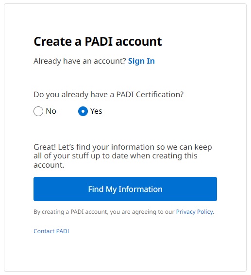 Create a PADI Account Window Create a PADI Account Window