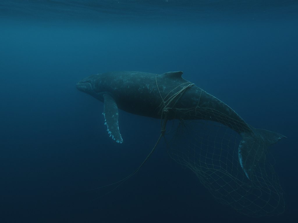 Humpback whale trapped in a fishing net. Humpback whale trapped in a fishing net.