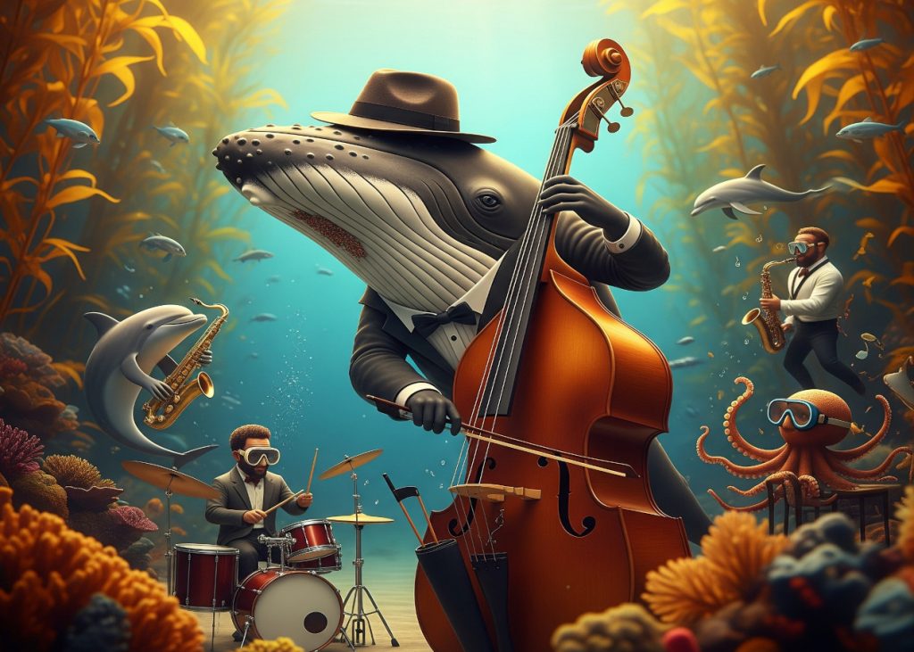 Una ilustración caricaturesca de una ballena jorobada.